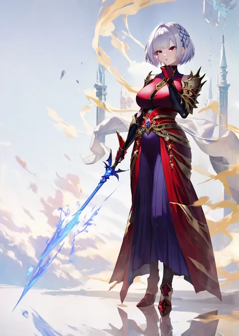 Short hairstyle、Devil background、gazing at viewer、Wearing silvery-white armor、Best image、masutepiece、Beautiful woman、Gorgeous hairstyle、Holding a large spear、Wearing a red aura、