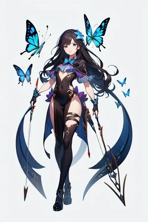 -arcana,arcana,Windranger anime style, solo, bow (weapon), weapon, 1girl, simple background, flower, long hair, butterfly, bug, blue eyes, arrow (projectile), no humans, full body