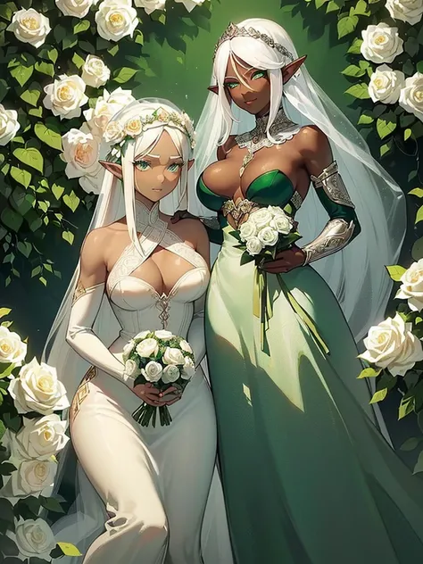 (((I want an elf woman with dark skin, white hair and lightly detailed green eyes, with full breasts and a beautiful body, wearing a detailed white wedding dress, And on her face a shy expression but with a gentle smile while holding a bouquet of roses)))