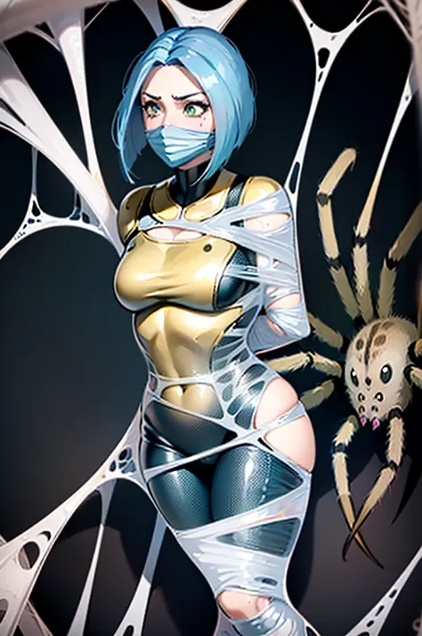 from side, close up, (Upper Body: 1.4), erotic, dramatic pose, ((1 woman: 1.7 )), blue colored hair, (bob cut), ( center part), ((thick hair)), in her 20s, sexy, spider web, tied up, cocoon, bound, ((gagged: 1.4)), (slime) gag, gaouth is totally covered by...