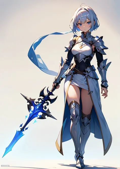 wearing a blue aura、silver knights、Wearing white armor、With a big spear、Short hairstyle、Devil background、gazing at viewer、Wearing silvery-white armor、Best image、masutepiece、Beautiful woman、Gorgeous hairstyle、Holding a large spear、Wearing a red aura、