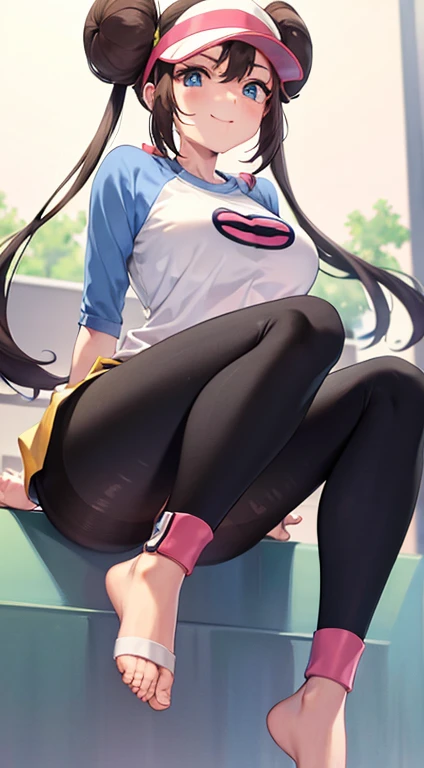 (masterpiece), Best quality, 8k,4k, (High resolution:1.4), hair bun, blue eyes, twintails, visor cap, ((ankle length pantyhose)), raglan sleeves, yellow shorts, shirt, standing, ((barefoot)), (feet), (((feet focus))), 1girl, busty, huge breasts, ((foot fet...