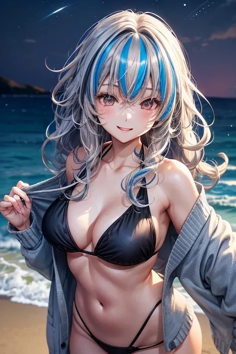 A 25 year old Japanese slender lady, silver ((loose curly hair))smooth curly hair and blue ((streaked hair))highlights hair, wearing only a black bikini and a cardigan , looks really calming and beautiful and cool, at a beach in midnight, spreading her lef...