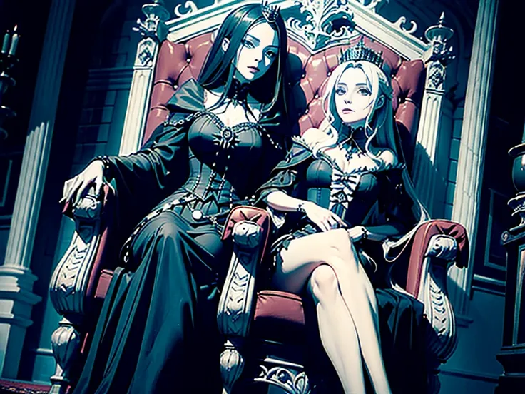 eerie queen sitting regally with a blade resting on her lap, from side, from below | low angle, dutch angle, gothic throne room