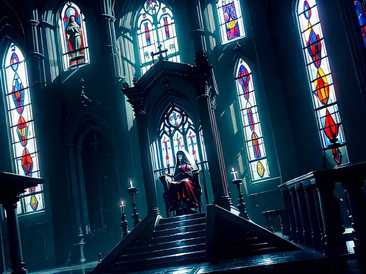 eerie queen sitting regally with a blade resting on her lap, from side, from below | low angle, dutch angle, throne room, stained-glass window at the back, tall archways, raised throne on raised platform, throne on dais, lightrays coming through the window...