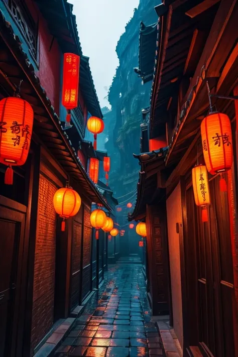 Scenery in ancient China with neon lights