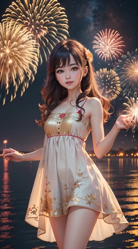 new year 2024，(fireworks in the night sky),(best quality,4k,highres,masterpiece:1.2),ultra-detailed,(realistic,photorealistic,photo-realistic:1.37),one-girl，Spring dress，having fun，red tint，Gold thread decoration：1.1，Spring，