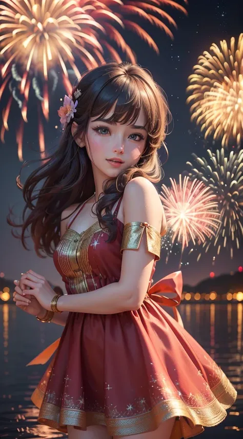 new year 2024，(fireworks in the night sky),(best quality,4k,highres,masterpiece:1.2),ultra-detailed,(realistic,photorealistic,photo-realistic:1.37),one-girl，Spring dress，having fun，red tint，Gold thread decoration：1.1，Spring，