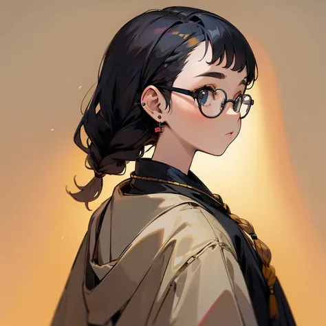 a young girl, glasses, braids, back, earrings