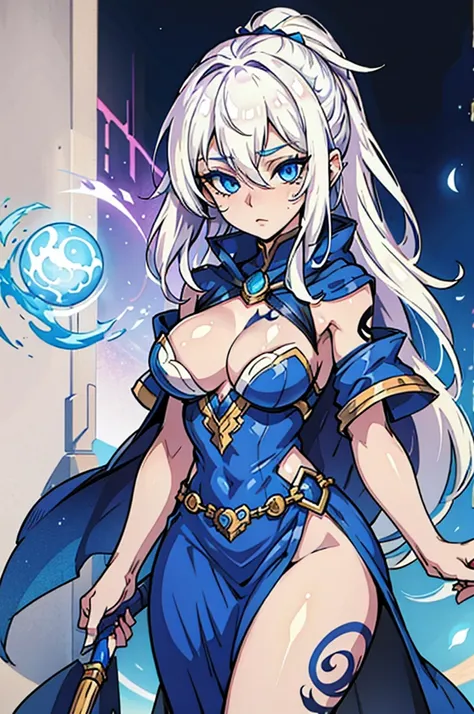 A Female Mage with Arcane Tattoos White Hair and Blue Eyes