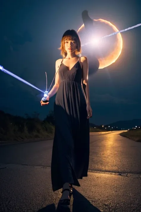 at darkness place,1 japanese beautiful woman surrounded by an eclipse of moon)( beautiful abstract laser moonlight background:1.5) (black colored maxi-dress:1.5)(full body:1.2)(detailed:1.4) (best quality)( 8k)