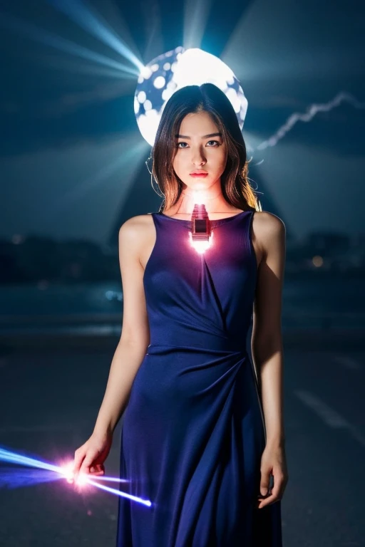 at darkness place,1 japanese beautiful woman surrounded by an eclipse of moon)( beautiful abstract laser moonlight background:1.5) (black colored maxi-dress:1.5)(full body:1.2)(detailed:1.4) (best quality)( 8k)