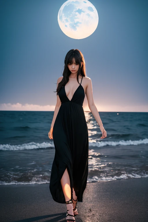 (at darkness place,1 japanese beautiful woman surrounded by an eclipse of moon)( beautiful abstract laser moonlight background:1.5) (black colored maxi-dress:1.5)(full body:1.2)(detailed:1.4) (best quality)( 8k)