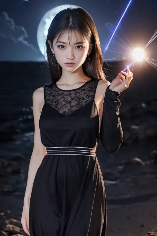 (at darkness place,1 japanese beautiful woman surrounded by an eclipse of moon)( beautiful abstract laser moonlight background:1.5) (black colored maxi-dress:1.5)(full body:1.2)(detailed:1.4) (best quality)( 8k)