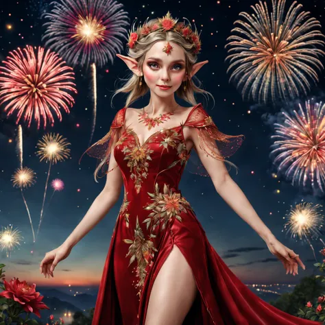 wide wide shot，Expansive night sky，new year，(A grand fireworks display),a beautiful elf queen，Spring dress，having fun，red tint，Golden wire，Flower embroidery，(best quality,4k,highres,masterpiece:1.2),ultra-detailed,(realistic,photorealistic,photo-realistic:...