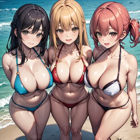 Four 20-year-old beauties，（star-shaped bule pupils，+_+，pupils in symbol shapes，sparkle eyes）），（Enrich the picture，Masterpiece level quality），Exquisite 8KCG artwork，Four goddess-like figures，Stand in the beach water，Postural exercises，Slim and soft，Transluc...