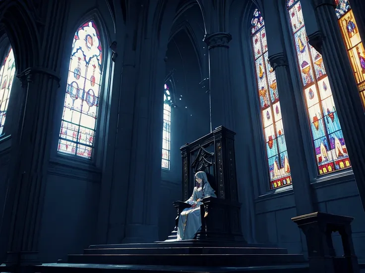 eerie queen sitting regally with a blade resting on her lap, from side, from below | low angle, dutch angle, throne room, stained-glass window at the back, tall archways, raised throne on raised platform, throne on dais, lightrays coming through the window...