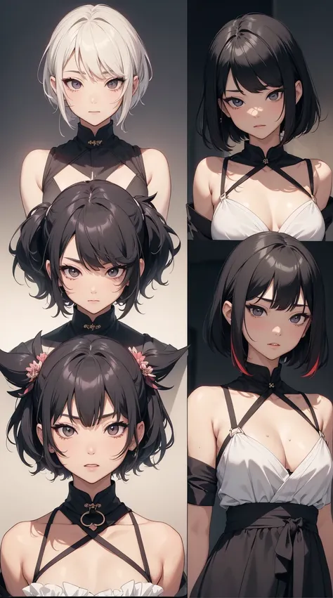 ((master-piece)),(((bestquality))),(Character design sheet, Same character..., Front, side), A Beautiful Girl、（Multiple girls)highest image quality、upscale，Short hair details，Frontอกด้านside，Smile，（slip dress)，master-pieceที่ดีที่สุดFrontอก、Chest 100、high ...