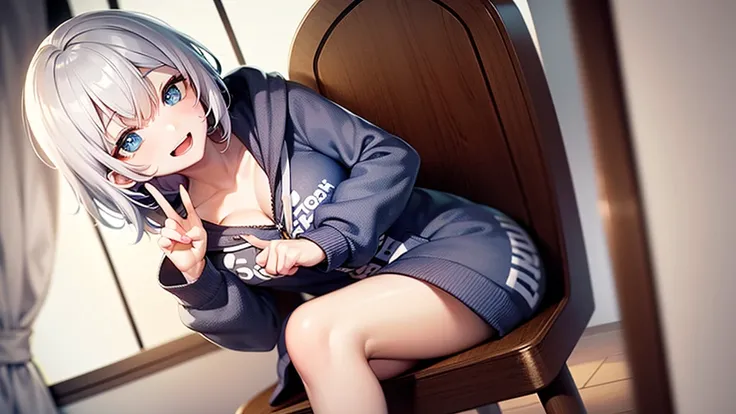 (masutepiece: 1.2, Best Quality), 1 Lady, Solo, silber hair,Shoulder out,Very short hair, long bangs between eyes, blue eyess,Black eyes, Hoodie,White hair, Silver hair, Hoodie, White hoodie、inside in room、sit a chair、A smile、open open mouth、5 fingers