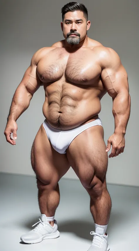 of a guy，male people，Muscle wrestler，musculous，Stout wrestler，jpn，uncles，45岁Middle age男子，short detailed hair，Wrestling boots，athletic sneakers，Show off your toned body，Panorama characters，white colors，，aged 40，short mustache,Middle age，Tattoos are，Fingerle...