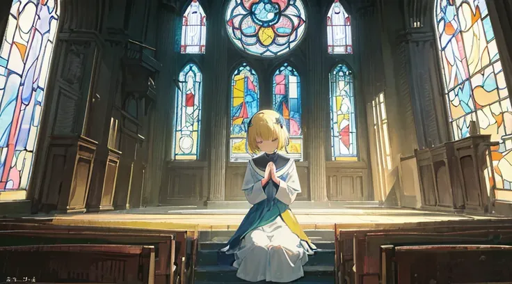 (sister, blonde hair, very short hair, praying, kawaii), (abandoned church, blue stained glass), (low contrast, flat color, limited palette)