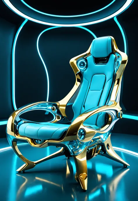 This futuristic chair is made of clear plastic, sky blue and gold style, Mechanized form, futuristic digital art, auto body work, dark teal and silver, room lighting, surreal details, 32k ULTRAHD, auto-destructive art, mechanized abstraction, Futuristic vi...