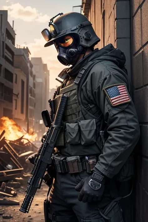 STAR15Mod, (masterpiece), (best quality), (ultra-detailed), (best illustration),(best shadow), looking at viewer, cowboy shot, fiery destroyed city background, tactical gear, tactical pouches, (gas mask:0.8), tactical armor, assault rifle, holstered handgu...