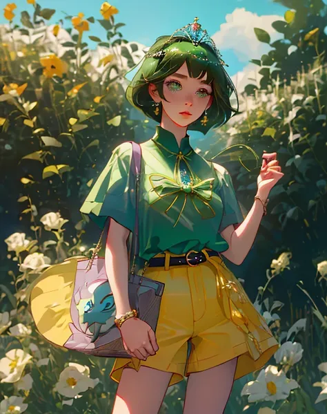 master part, best quality, high resolution, sereno 1, 1 girl, sereno 1, 1 girl, sereno (Pokémon), sozinho, olhos cinzentos, cabelos pretos, green shorts, Tiara Vermelha, camisa, tied camisa,, short hair, mangas curtas, shorts, Listras, yellow camisa, belt,...