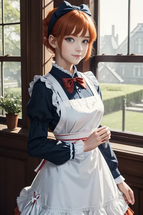 masterpiece,best quality,anime,(2d:1.2),indoors, ,  1girl, roswaal mansion maid uniform, solo, maid, cyan blue eyes, short hair,bow hairband, hair between eyes, detached sleeves, looking at viewer, red hairband,ribbon, bangs, looking back, bow, orange hair...