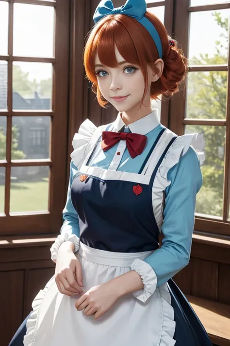 masterpiece,best quality,anime,(2d:1.2),indoors, ,  1girl, roswaal mansion maid uniform, solo, maid, cyan blue eyes, short hair,bow hairband, hair between eyes, detached sleeves, looking at viewer, red hairband,ribbon, bangs, looking back, bow, orange hair...