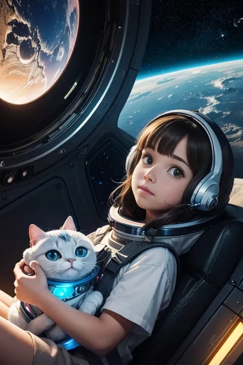 Cartoon illustration of a boy and a girl in space with cat, official fan art, in space, kitten in outer space, in outer space, in deep space, in galaxies, deep space exploration!!!, space travel, wearing in stars and planets, outer space, outer space, star...