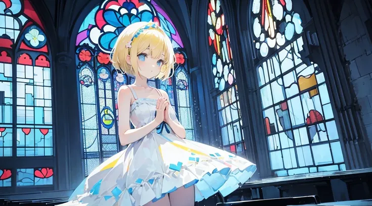 (1 girl, blonde hair, very short hair, white sundress, praying, kawaii), (abandoned church, blue stained glass), (low contrast, flat color, limited palette)