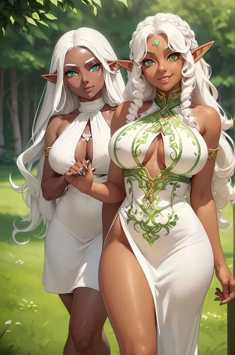 (((I want an elf girl with dark skin, white curly hair, detailed green eyes, a majestic body with full breasts, wearing a lightly low-cut white dress with peasant features and on her face a sweet smile)))