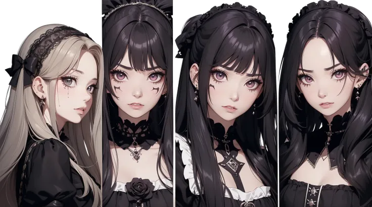 ((ผmasterpiece)),(((bestquality))),masterpiece, excellent,anime, Goth Girl, Emo Girl, long-haired, lolita hair, Gothic series, Black dress, Victorian dress, timid, Gothic art style, in the mansion, Two maids behind,, annoyed, face only, Separate from each ...