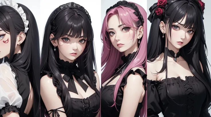 ((ผmasterpiece)),(((bestquality))),masterpiece, excellent,anime, Goth Girl, Emo Girl, long-haired, lolita hair, Gothic series, Black dress, Victorian dress, timid, Gothic art style, in the mansion, Two maids behind,, annoyed, face only, Separate from each ...