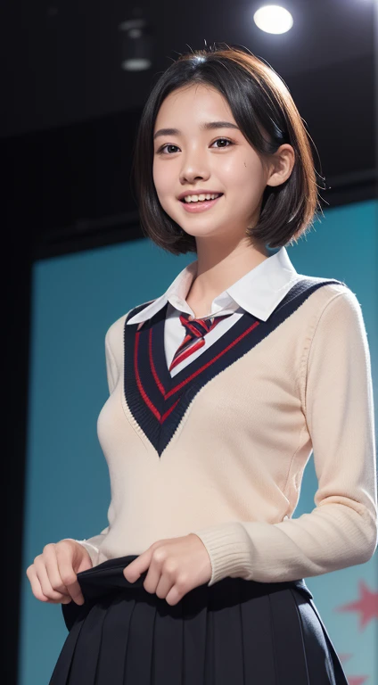 (((Photo from below:1.4)))、(((Beautiful girl standing on stage and looking down at the audience:1.3))),((live house:1.2))、((spot light))、(Cute profile)、(((Girls School Uniforms:1.3)))、((半脱ぎのGirls School Uniforms:1.3)),((Mini skirt:1.2)),((uniform shirt unb...