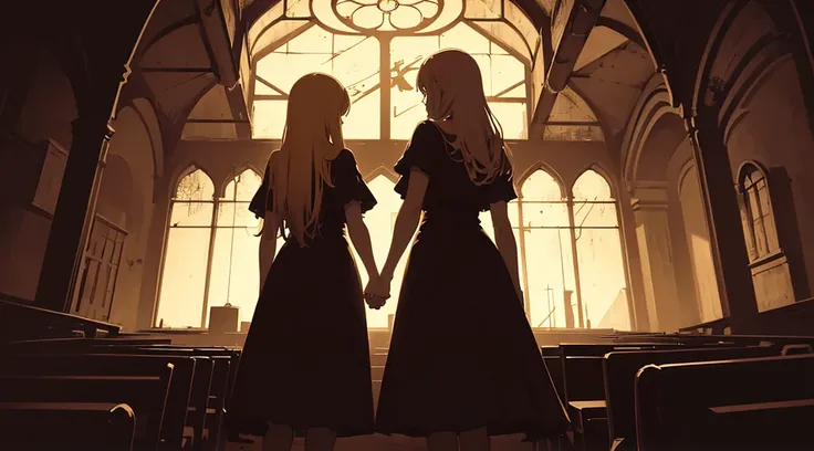 (back view of two girls, sister, blonde hair, hold hands), (abandoned church, late night), (low contrast, flat color, limited palette)