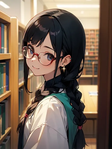 a young cute girl, glasses, braids, black hair, looking back, smile, earring, library