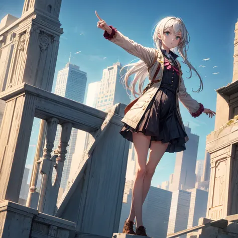 A girl stands erect and motionless with her index finger pointing high in the sky