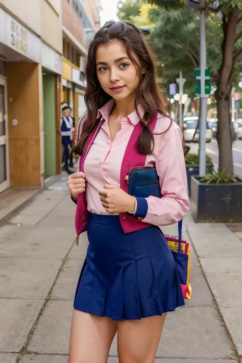 (((Mujer en uniforme escolar))), llevando bolsas de compras., cute schoolgirlish, dressed as schoolgirlish, usar falda y calcetines altos, teenage female schoolgirlish, teenage girlish, school girlish, Compras de personas, teenager girlish,  girlish, Lleva...