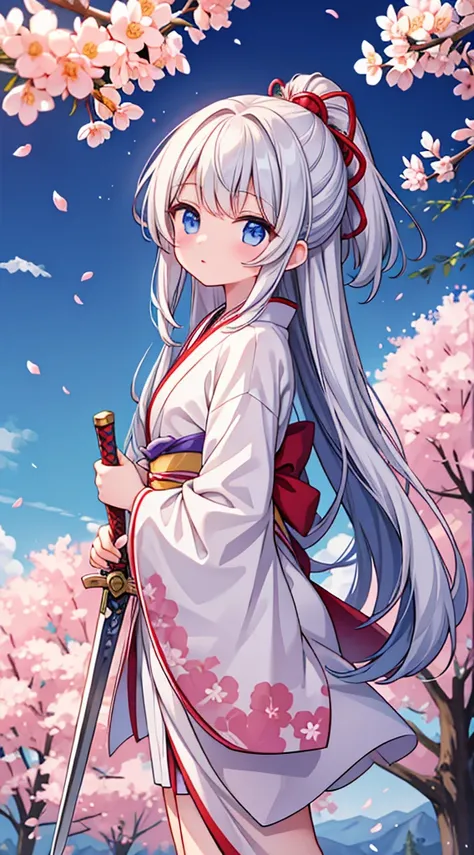 Girl, sword, abnormally long hair, Japanese clothes, cherry blossoms