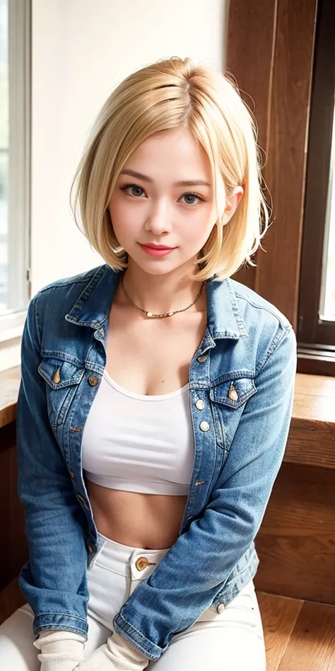 (((1 girl,  cute, denim jacket, white top, jeans, Gloves, blond, short hair, bob hair,  side parted hair, blue eyelond hair))), 
dynamic poses, manga style, 
solo, sitting, a young and beautiful woman holding a cup of coffee with both hands, looking out th...