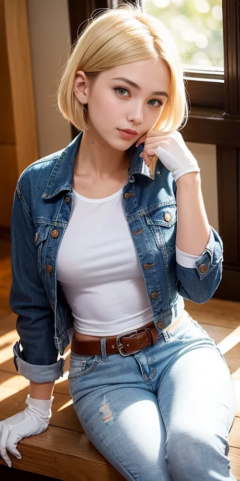 (((1 girl,  cute, denim jacket, white top, jeans, Gloves, blond, short hair, bob hair,  side parted hair, blue eyelond hair))), 
dynamic poses, manga style, 
solo, sitting, a young and beautiful woman holding a cup of coffee with both hands, looking out th...