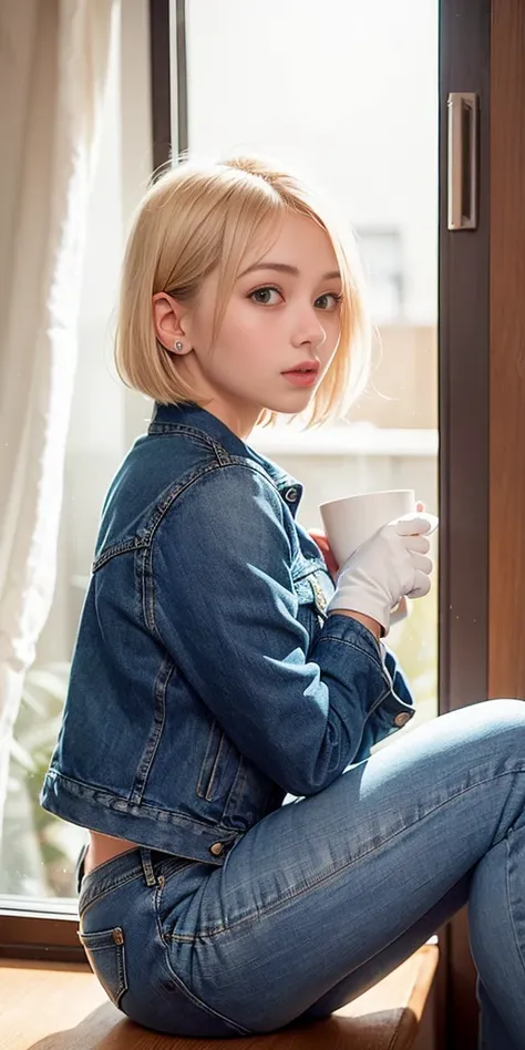 (((1 girl,  cute, denim jacket, white top, jeans, Gloves, blond, short hair, bob hair,  side parted hair, blue eyelond hair))), 
dynamic poses, manga style, 
solo, sitting, a young and beautiful woman holding a cup of coffee with both hands, looking out th...