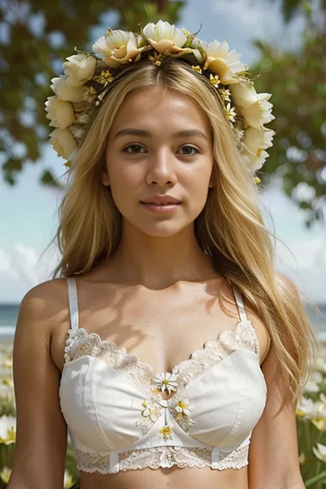 (((blond woman with corona de flores in white top and lace bra))), lotus corona floral girl, Encantadora princesa bohemia, wearing a corona floral, flower child, the corona de flores, Llevar un tocado de flores, Diosa de las flores, young beautiful Chica h...