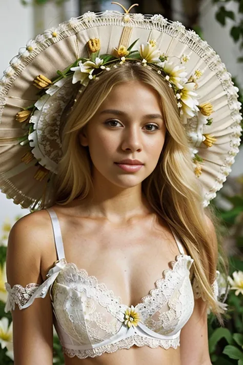 (((blond woman with corona de flores in white top and lace bra))), lotus corona floral girl, Encantadora princesa bohemia, wearing a corona floral, flower child, the corona de flores, Llevar un tocado de flores, Diosa de las flores, young beautiful Chica h...