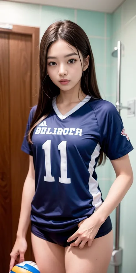 there is a woman standing in a bathroom with a blue shirt, wearing a volleyball jersey, wearing basketball jersey, taejune kim, seseon yoon, shin min jeong, jinyoung shin, heonhwa choe, kim hyun joo, jaeyeon nam, kimi takemura, ulzzang, ji-min, jiyun chae,...