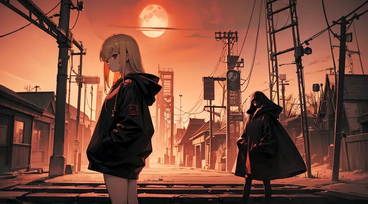 (a girl wearing a hood, blonde hair, big black hoodie, hands on hoodie, bare legs), (abandoned amusement park, late night, red moon), (low contrast, flat color, limited palette)