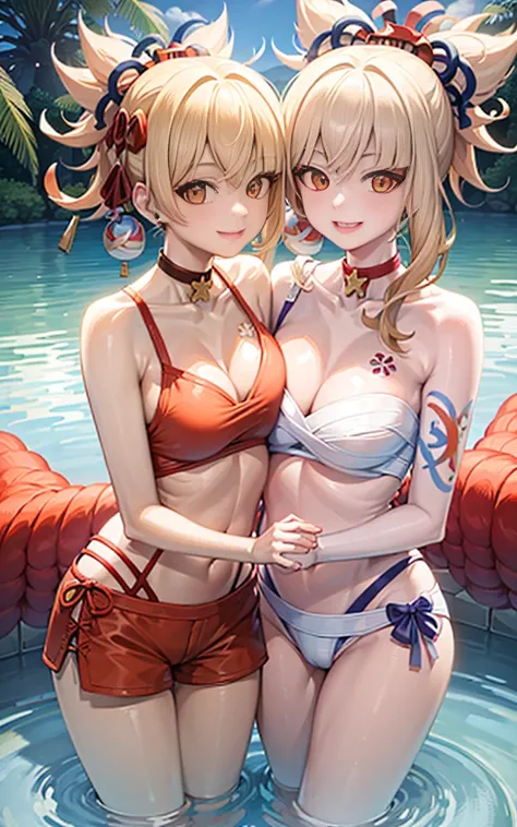 Two girls smiling in the water in the bathtub，No teeth exposed. Female twins， vivd colour，natural  lightting, Best quality, Chest to chest, hugging eachother, sunny masterpiece, Navel Exposed, The face is red, Orange swimsuits holding each other&#39;with h...