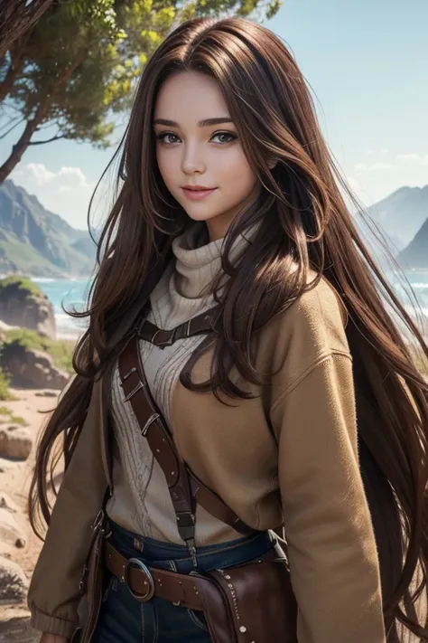 ((best quality))) (((HD))) (((8k))) (character) 20-year-old girl, ((adventurous)), ((beautiful)) and ((happy)), ((brown hair)) and ((long hair)).